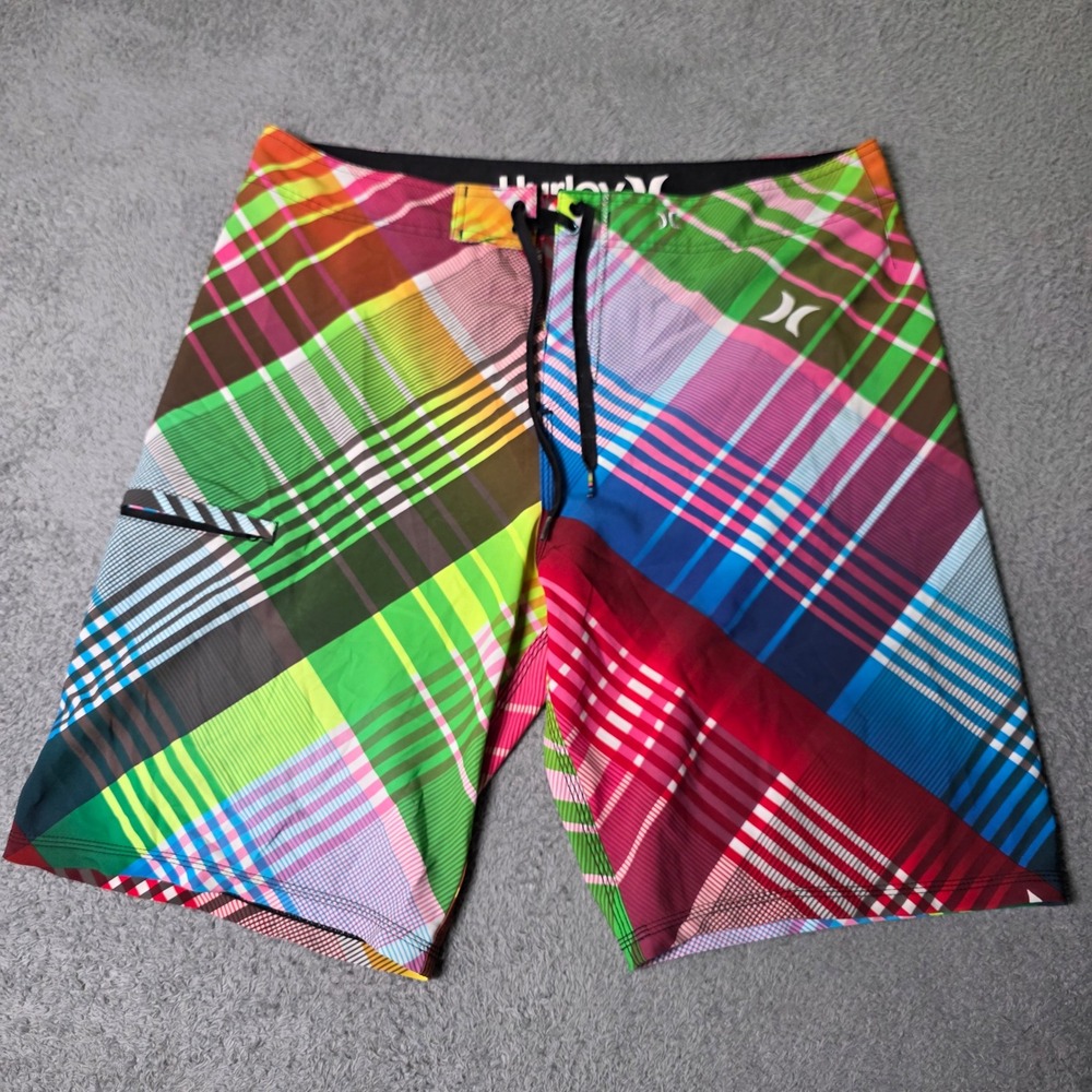 Hurley Mens 38 Board Shorts Multi Color Plaid Phantom Stretch Swim Trunks